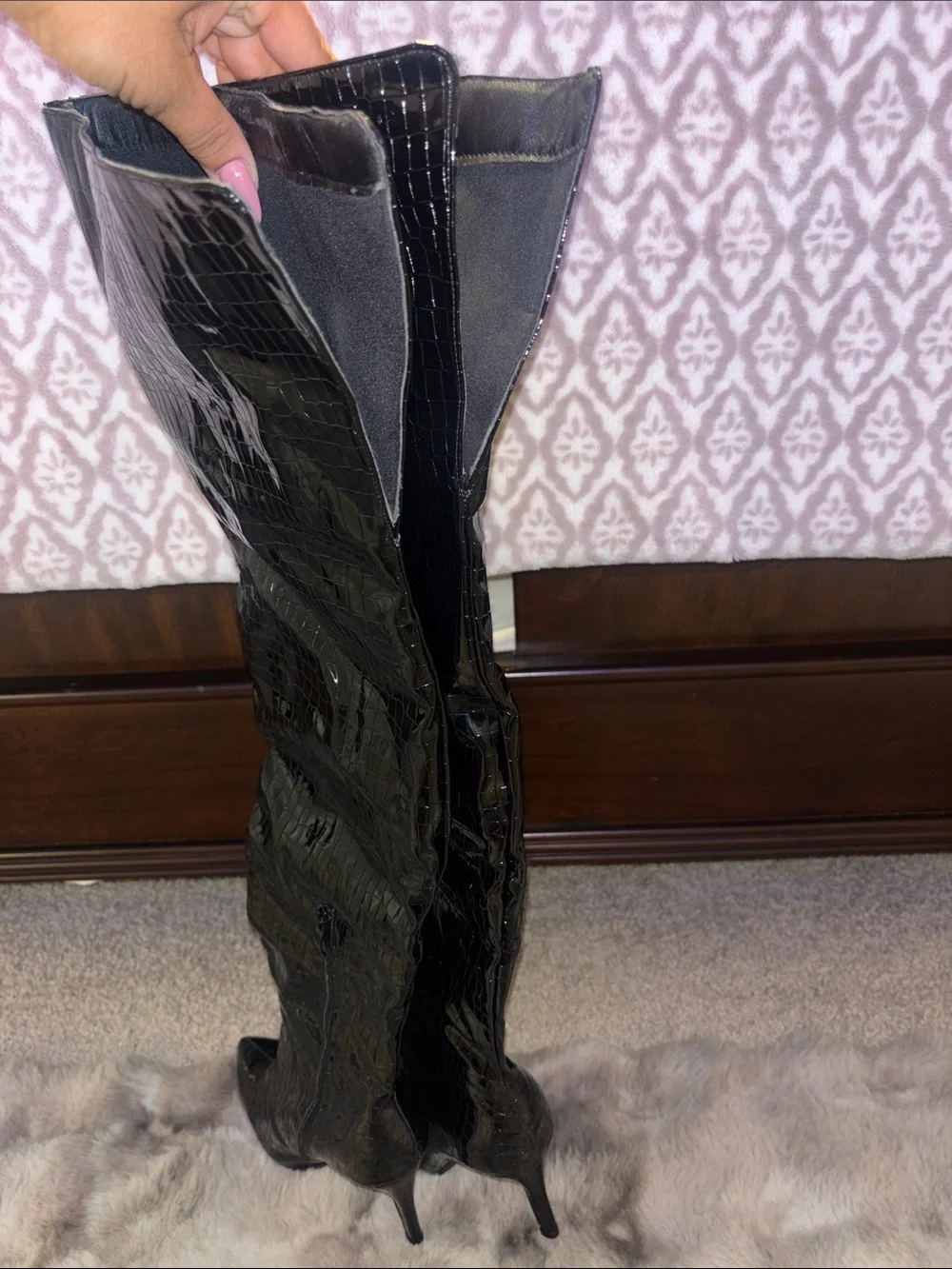 CUCCOO crocodile over the knee pointed toe stiletto heel.